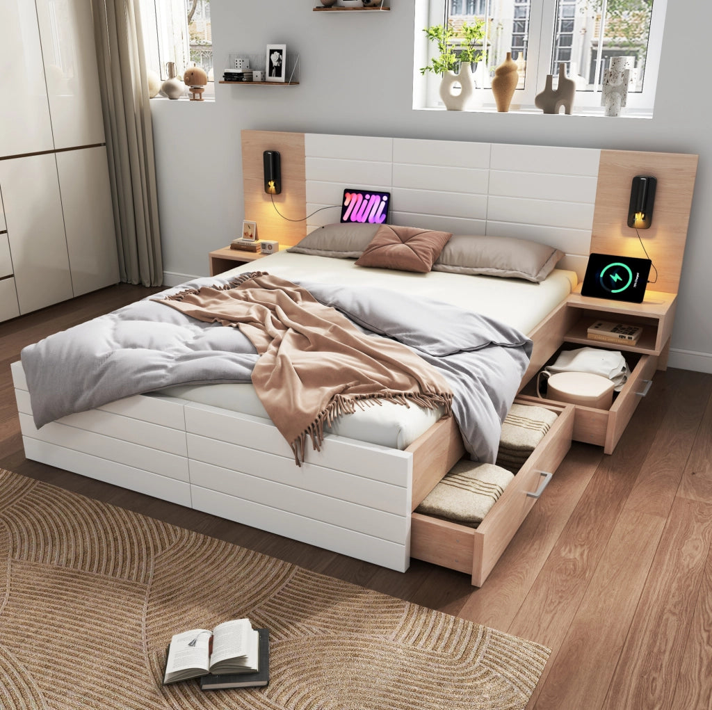 Letto matrimoniale 140x200 cm bianco e rovere con cassetti, luci LED USB e comodini