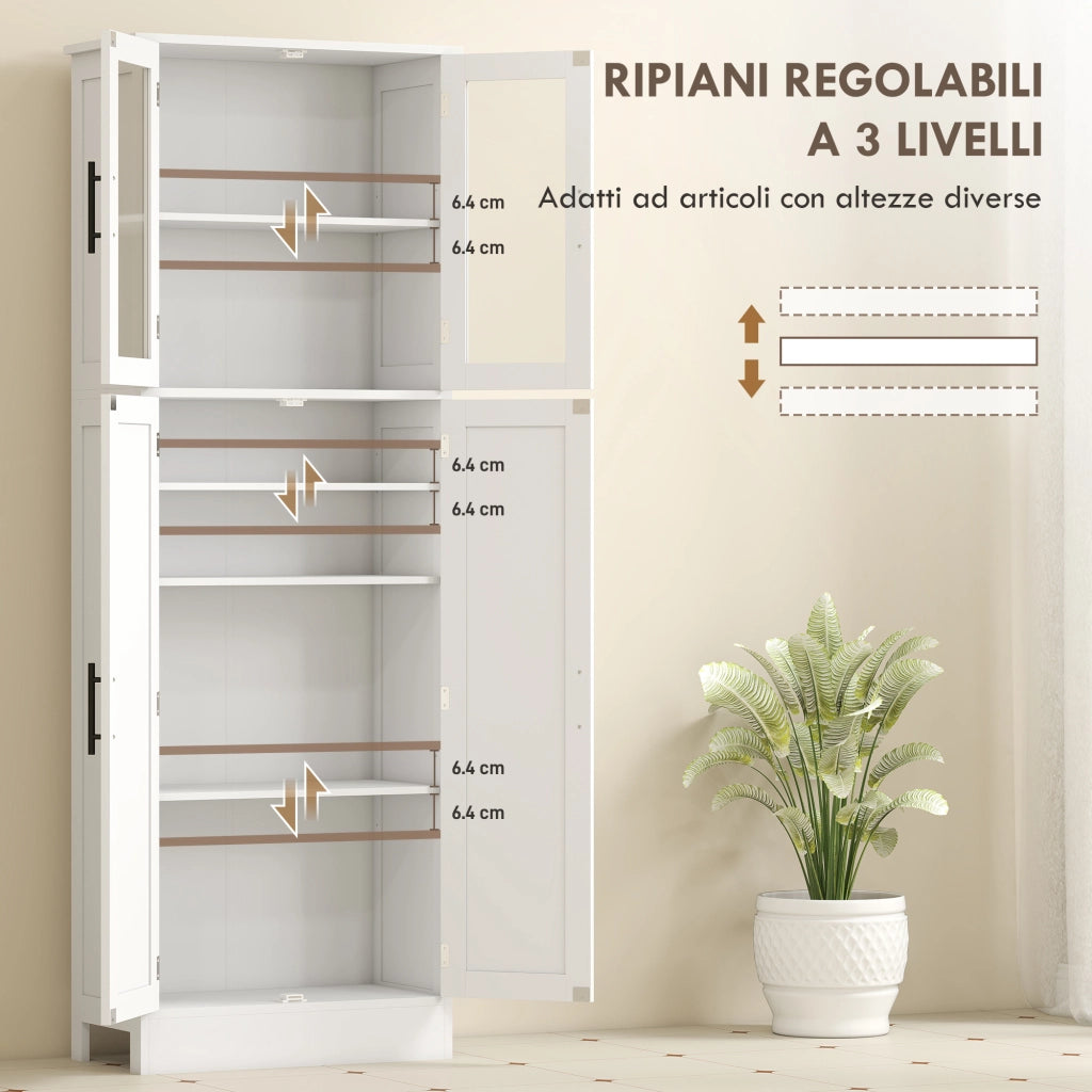 Mobile Bagno Alto con Ripiani Regolabili, Ante in Vetro e Legno, 60x30x170 cm, Bianco
