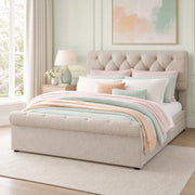Letto imbottito 140x200 cm con 4 cassetti, testiera regolabile, stile Chesterfield, color naturale, con materasso