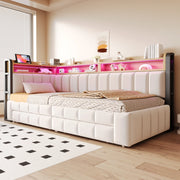 Letto imbottito 90x200 cm con contenitore; LED e porte USB in velluto beige