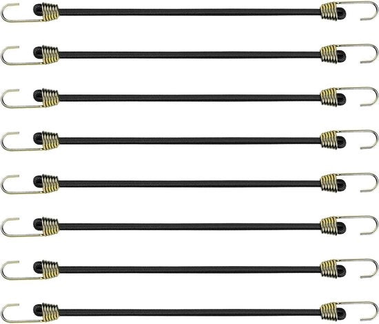 Set di 8 cinture elastiche 25 cm con grappini robusti - ideale per fissare vele e carichi, per il trasporto in e fuori casa - nero.