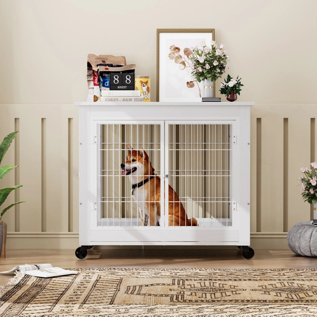 Cuccia per animali in stile mobile con doppia porta, apertura superiore e ruote, bianca, 80×56×69,5 cm