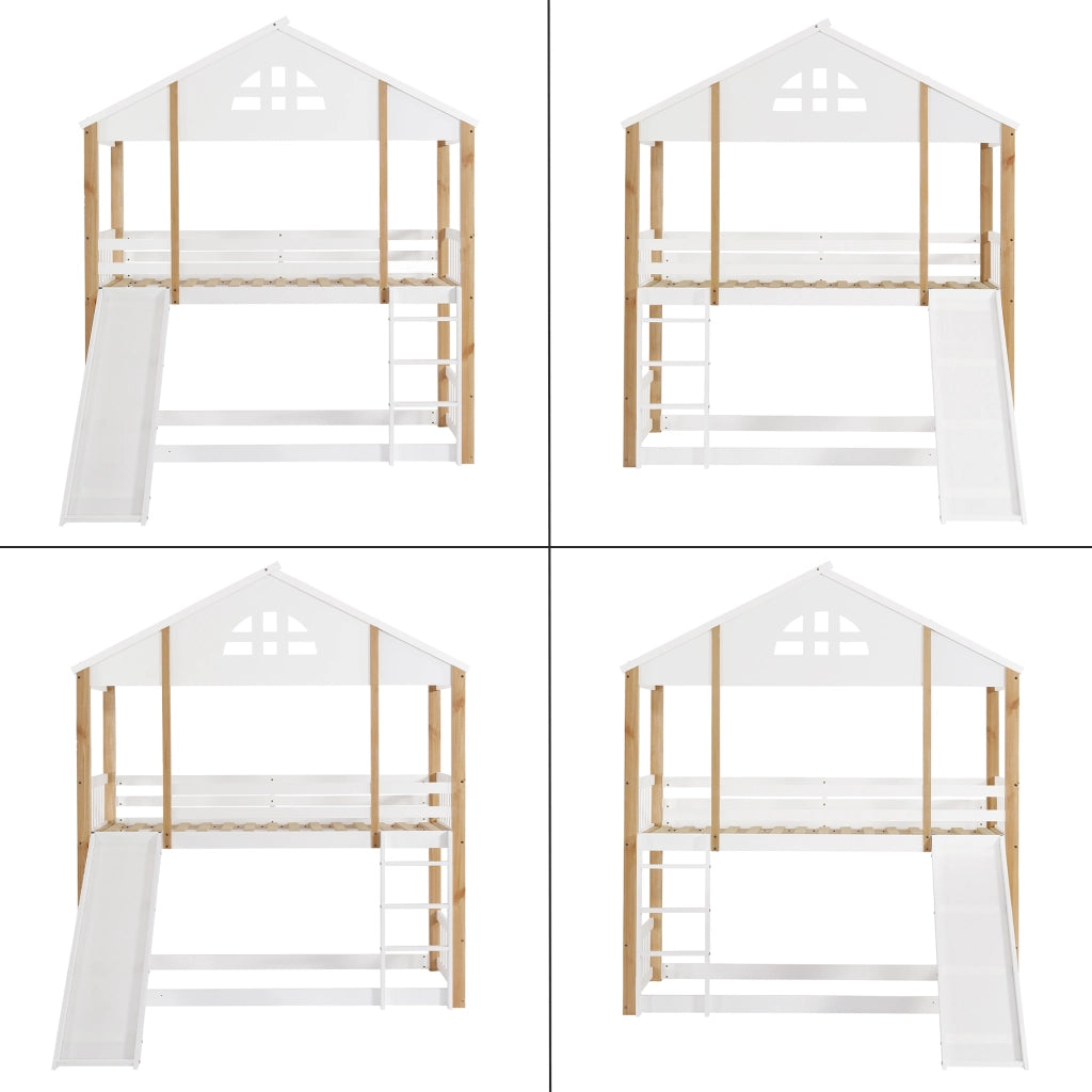 OKWISH Letto a Castello 90×200 cm, Letto Singolo con Scivolo, Scala 3 Gradini e Finestra, senza Materasso, in Legno, Bianco e Naturale