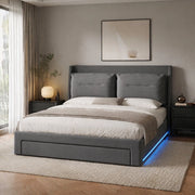 Letto matrimoniale 140x190 cm in velluto grigio scuro con contenitore; LED e testiera imbottita