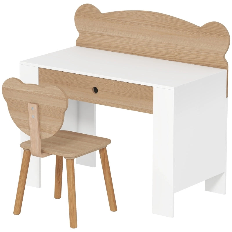 Set scrivania per bambini con sedia, cassetto e schienale a forma di orso, in legno naturale