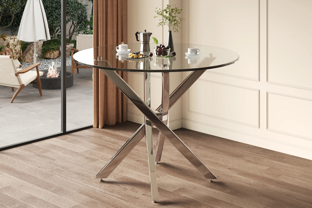 Tavolo rotondo moderno 80x80 cm in vetro temperato e metallo, colore argento