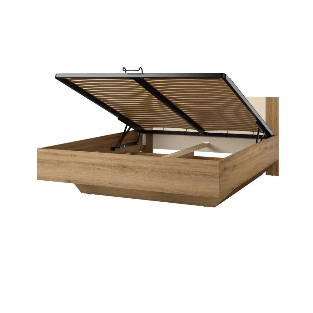Letto contenitore VERTIGO – 160x200 cm – Rovere selvaggio e beige sabbia – Con piede design e rete inclusa