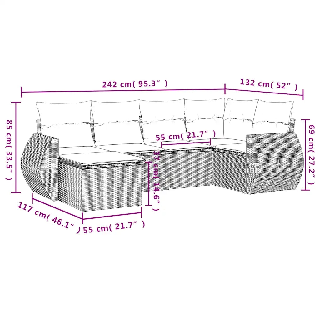 Set Divano da Giardino 6 pz con Cuscini Marrone in Polyrattan