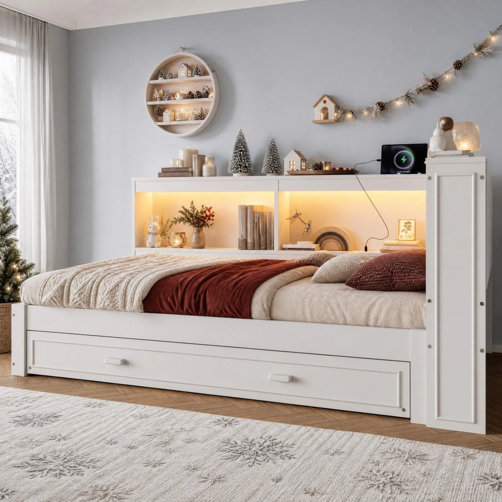 Divano letto estraibile 90x200 cm con LED, USB e presa, bianco