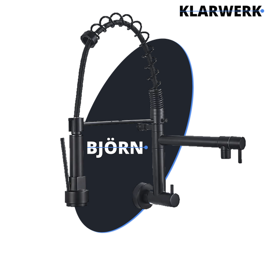 Björn | gastronomia rubinetto monoforo a parete per acqua fredda nero|rubinetto cucina professionale acciaio inox due docce|doppio lavello ristorante