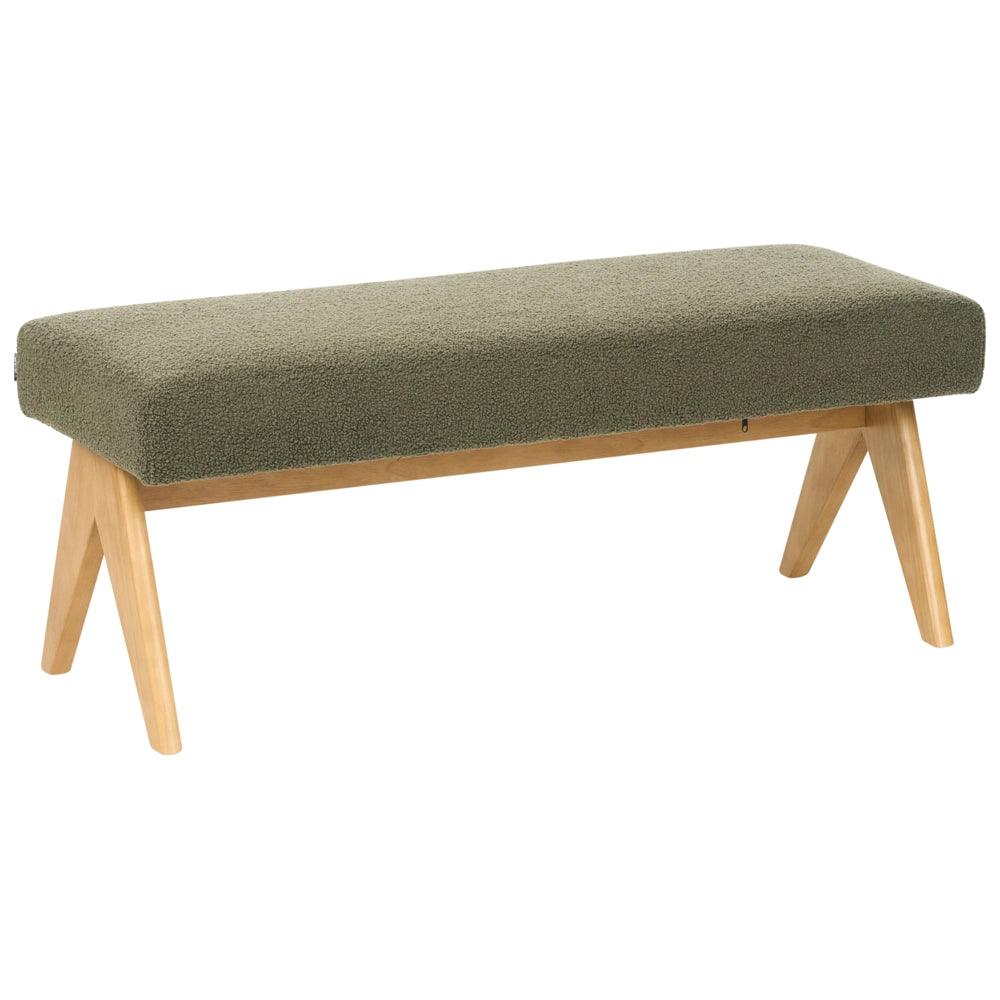 Panca Boucle Verde e marrone chiaro con gambe in legno imbottite Panca per corridoio e panca da letto