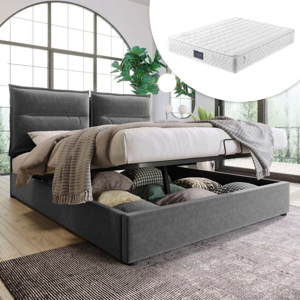 Letto imbottito 140x200 cm grigio con contenitore idraulico