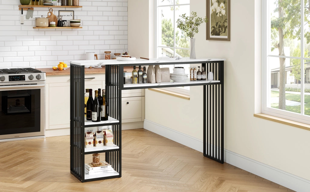 Tavolo da pranzo con 3 ripiani e piano in MDF effetto marmo, in metallo, per cucina, bianco nero, 140 × 40 × 105 cm