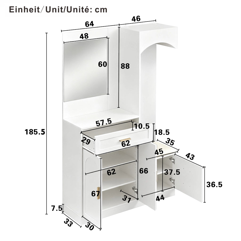 Mobile d'Ingresso con Specchio; 2 Ante; 2 Cassetti e Ripiani Regolabili; Stile Moderno; in MDF; Bianco; 110??33??185;5 cm