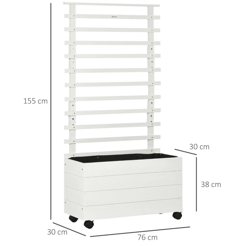 Fioriera in legno bianca con griglia e ruote 76 x 30 x 155 cm