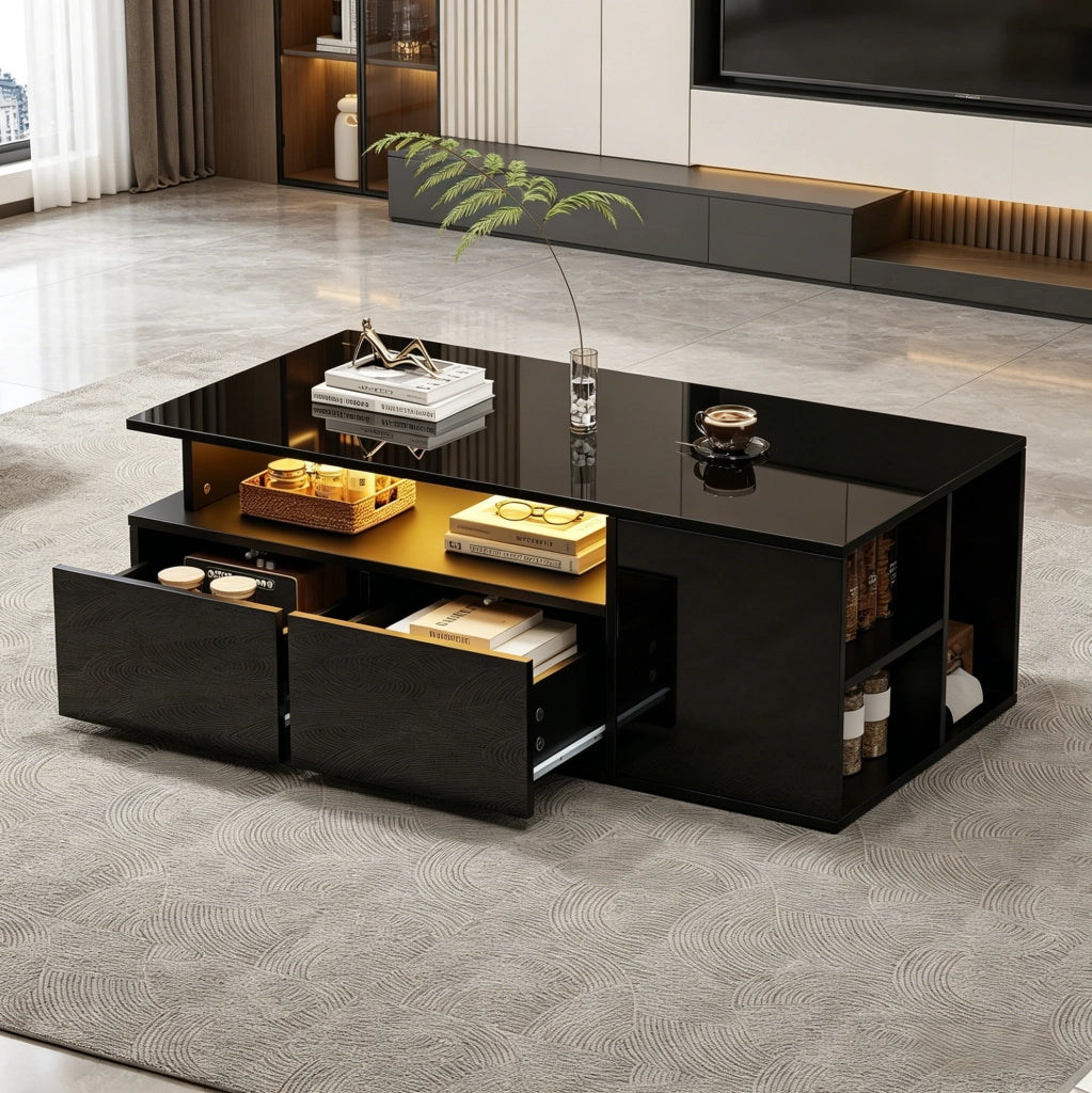 Tavolino da salotto 100x50x35 cm con LED; doppio cassetto; pannello truciolare nero