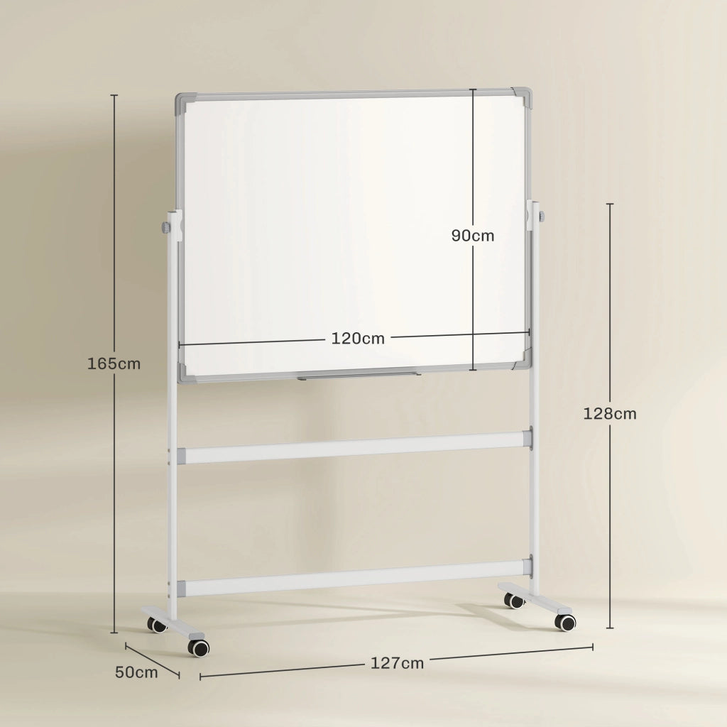Lavagna Magnetica Bianca a 2 Facce con Accessori e 4 Ruote. in Alluminio e Acciaio. 127x50x165 cm