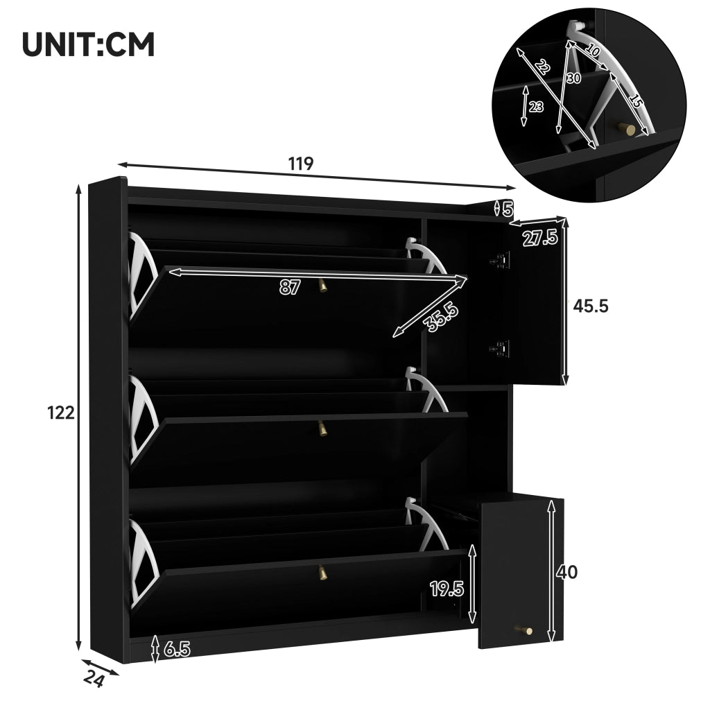 Scarpiera con 3 ante ribaltabili e cassetto - per ingresso - 119×24×122 cm - nero