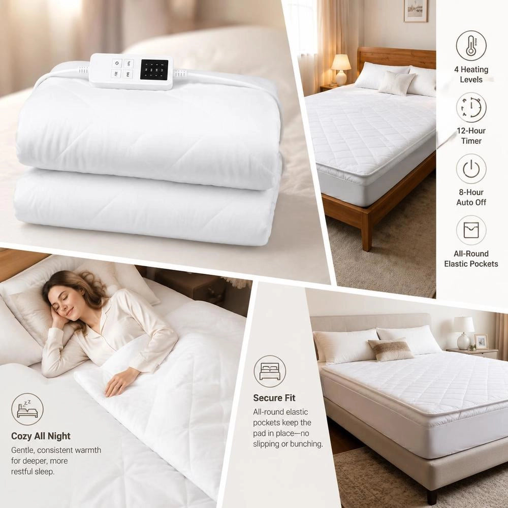 Electric Heated Blanket, 195 X 165 Cm, Queen-size Bed Warmer, With 4 Heat Settings, 12-hour Timer, 8-hour Automatic Shut-off, Elasticated Pockets All Around, Mattress Pads Made Of Brushed Fabric