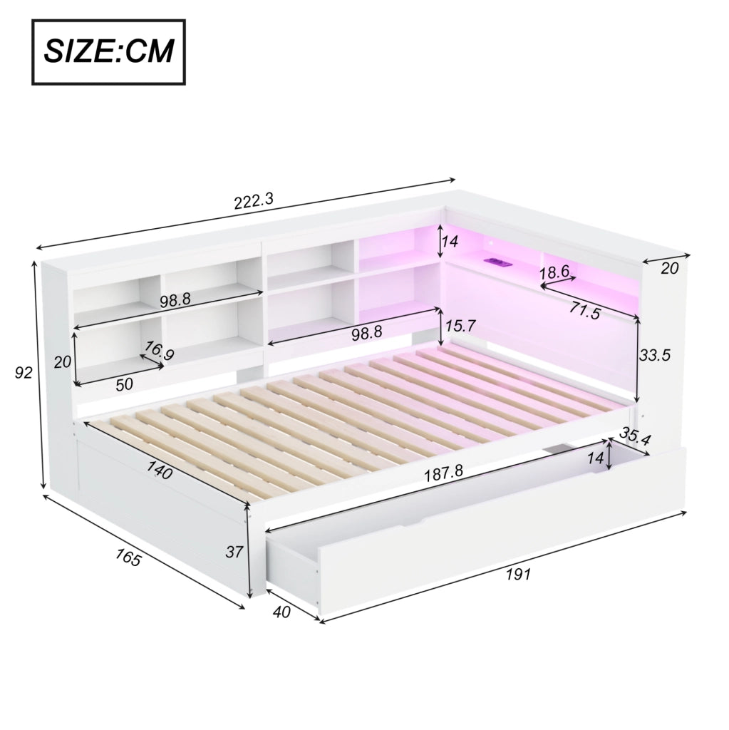 Letto matrimoniale multifunzione in legno 140x200 cm con contenitori, USB e LED