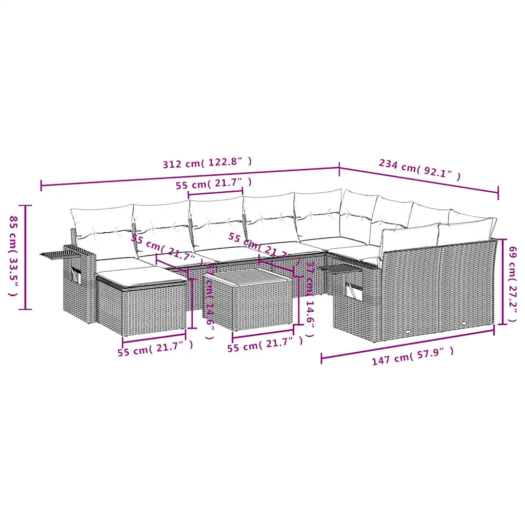 Set Divani da Giardino 11 pz con Cuscini Nero in Polyrattan 3224853