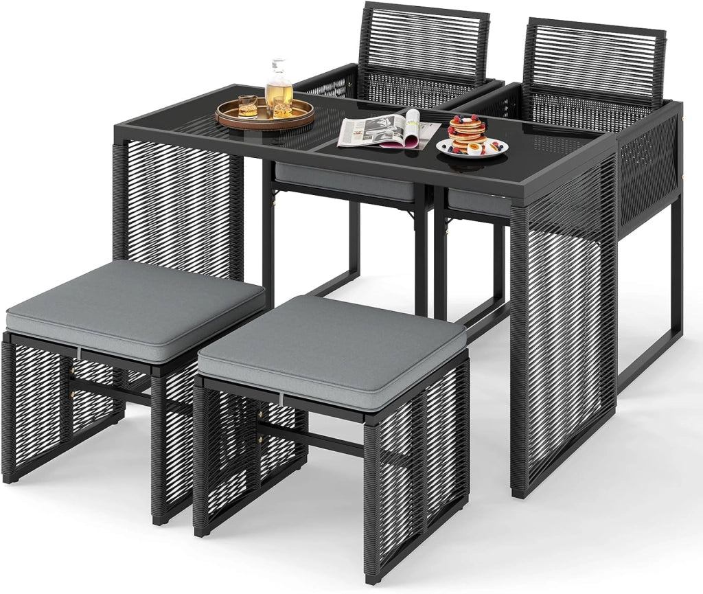 Soggiorno da giardino per 2-4 persone in rattan, tavolo da giardino, piano in legno con 2 sedie (carico 180 kg), 2 sgabelli, 4 cuscini rimovibili, mobili da giardino per patio, cortile