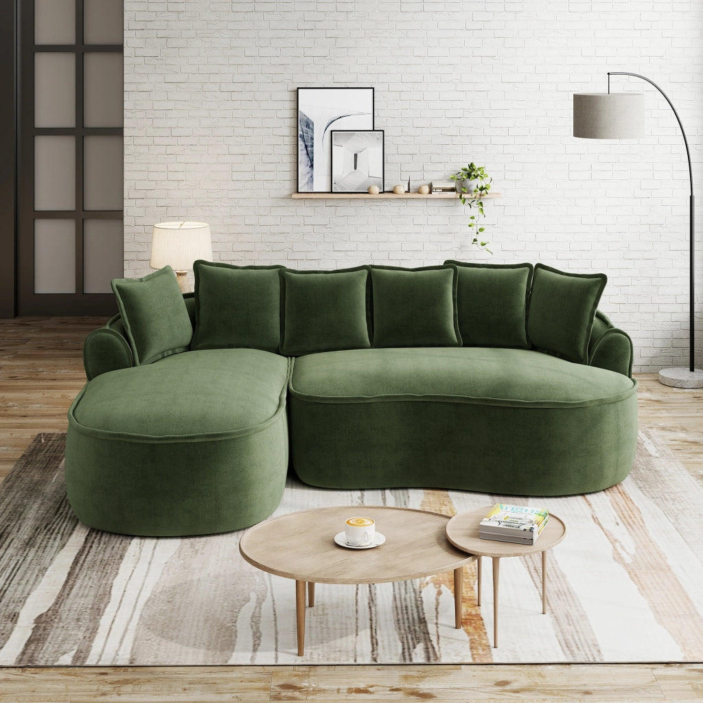 Divano modulare senza telaio in ciniglia; chaise longue profonda; braccioli larghi; verde