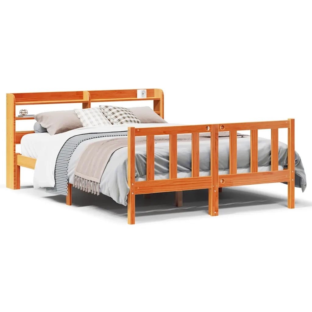 Giroletto con Testiera-Struttura Letto con testiera Marrone Cera 135x190 cm Massello Pino 793042