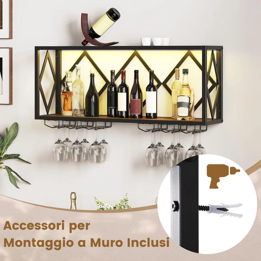 Portabottiglie da Parete, Scaffale per Esposizione di Vino con Striscia LED a 16 Colori, 6 File di Portabicchieri, Scaffale per Conservare 39 Bottiglie e 12 Bicchieri, 51 x 26,5 x 60 cm