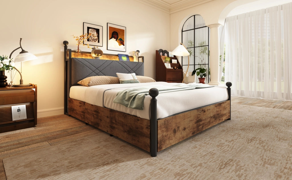 DESMIU Lit adulto 140 × 190 cm con LED, USB, Type-C, 3 cassetti e spazio contenitore, senza materasso, metallo nero