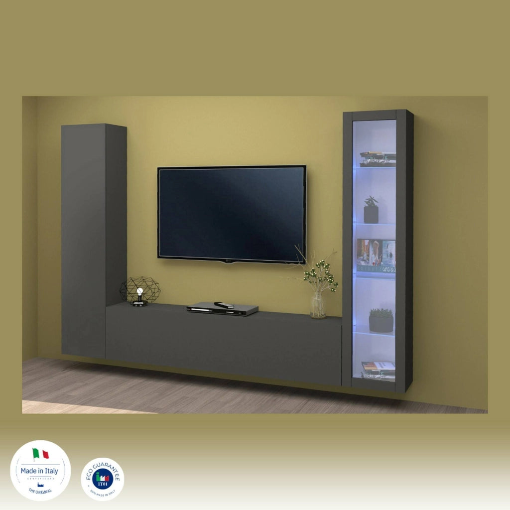 Mobile Soggiorno Felicina, Parete Attrezzata 9 Ripiani Made in Italy, 260x30x180h cm Nero Antracite