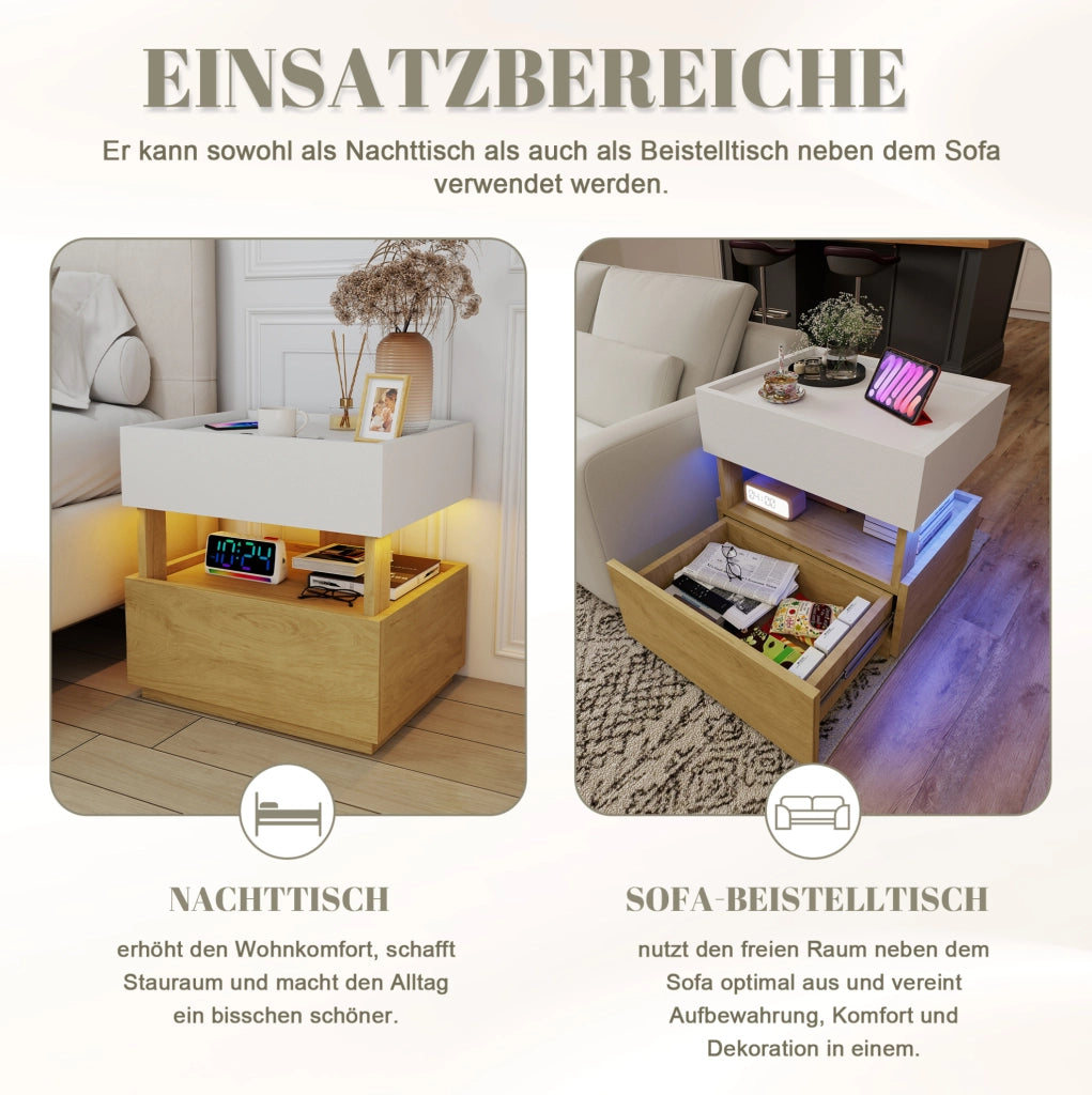 Comodino moderno con 2 cassetti; ricarica wireless e LED; 50x40x50 cm; bianco e naturale