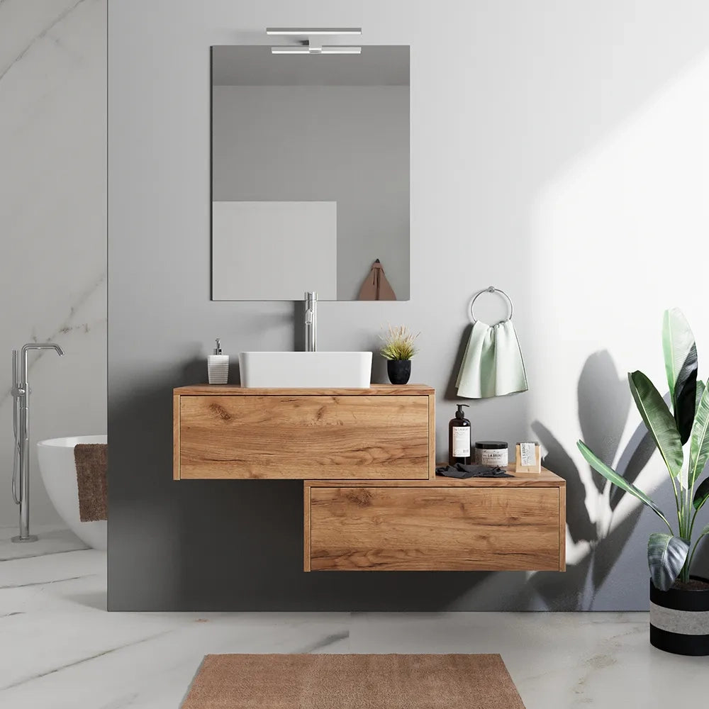 Mobile bagno sospeso modulare 100cm due cassetti apertura push&pull rovere gransasso con top | Galdor