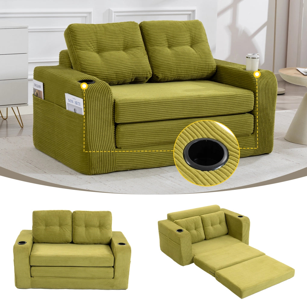 Sofa modulare a 2 posti in tessuto corduroy verde oliva; 136x80x82;5 cm; con tasche laterali e portabicchieri