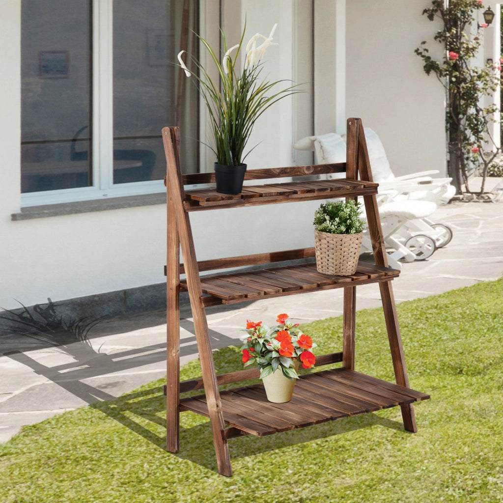 Portapiante Pieghevole a 3 Livelli in Legno di Abete per Esterno ¨C zephmum ¨C 80x37x93cm