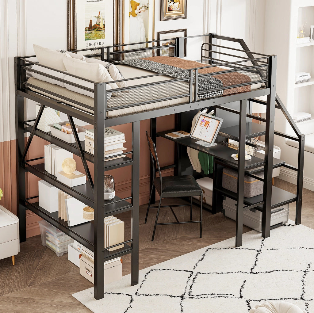 Letto a soppalco modulare 140x200 cm in metallo nero con scrivania; ripiani e armadio