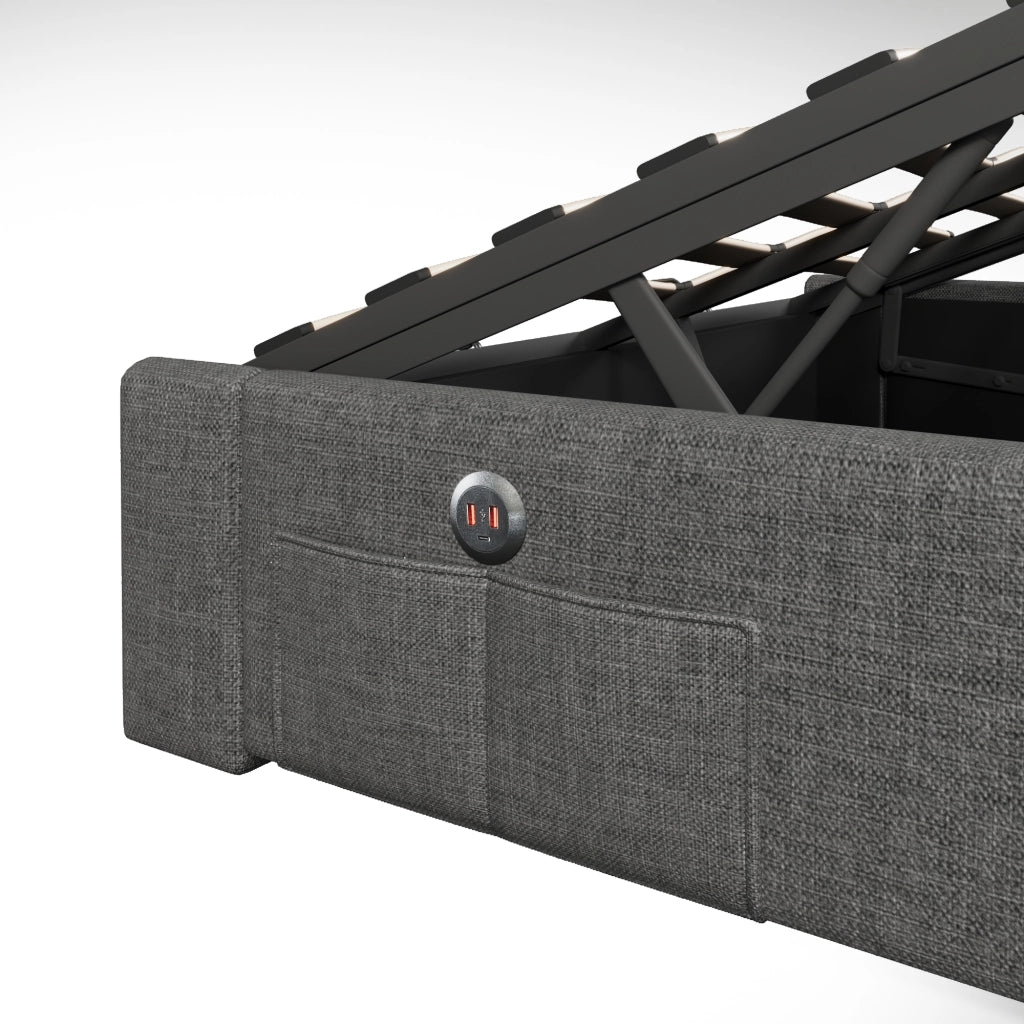 DESMIU Letto matrimoniale 140 × 200 cm 2 posti con LED, USB, Type-C e vano idraulico, senza materasso, in lino, grigio