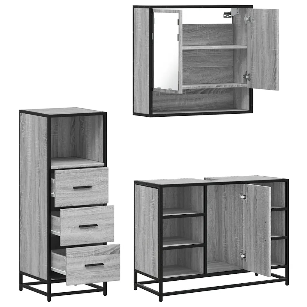 Set Mobili da Bagno | Armadio da bagno 3 pz Grigio Sonoma in Legno Multistrato