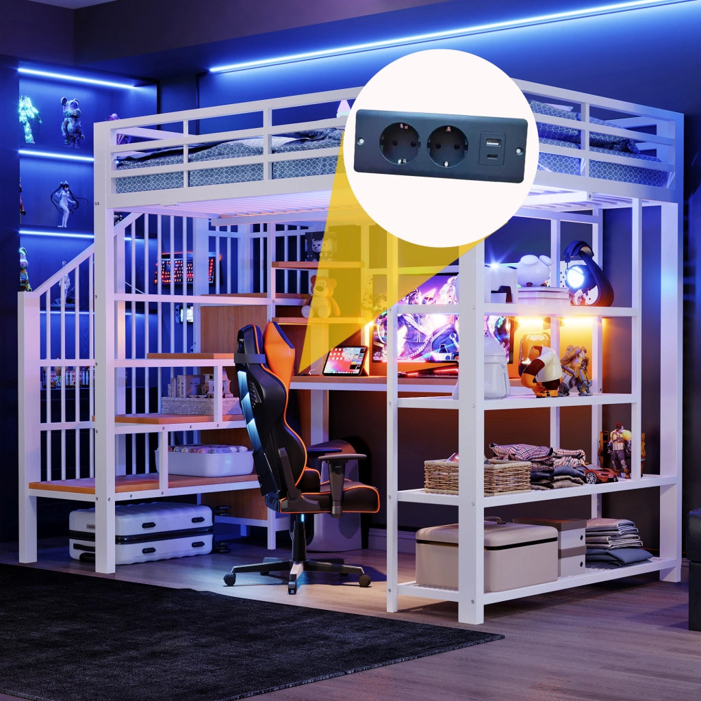 Letto a soppalco 140 × 200 cm con scala contenitore, LED, prese e scrivania, senza materasso, in metallo, bianco