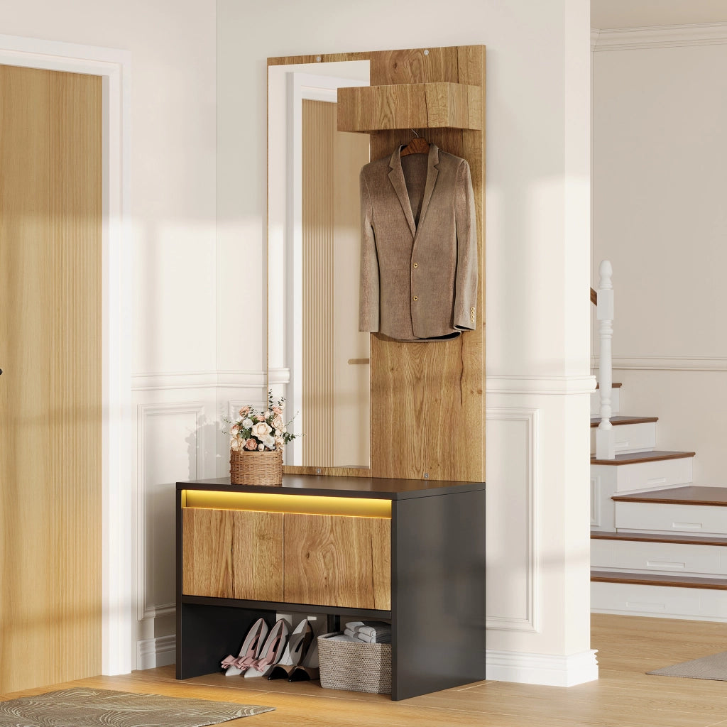 Mobile ingresso con 2 cassetti; ganci e specchio - per ingresso - in truciolare - 60×38×145 cm - naturale