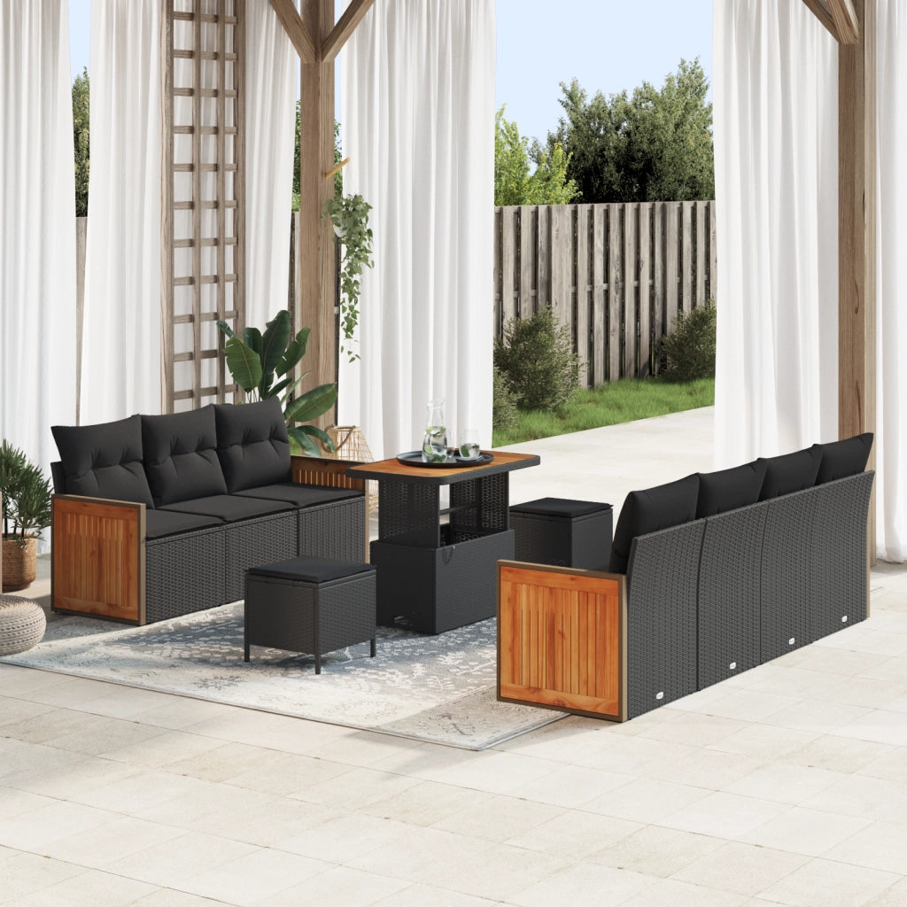 Set Divano da Giardino in 10 Pezzi con Cuscini Rattan Nero e Acacia