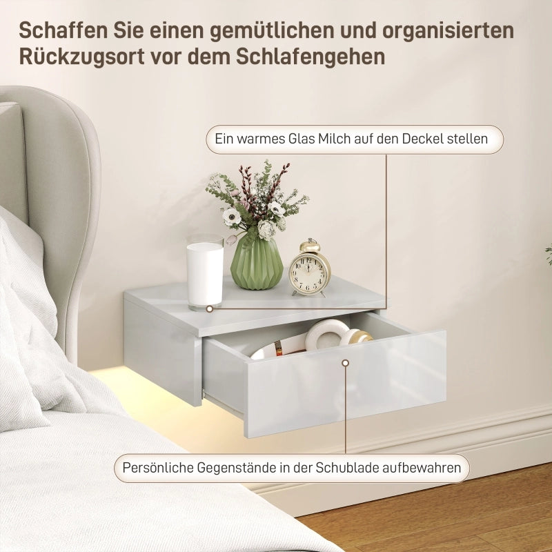 Set di 2 comodini a parete con cassetto, per camera da letto, in truciolato, bianchi