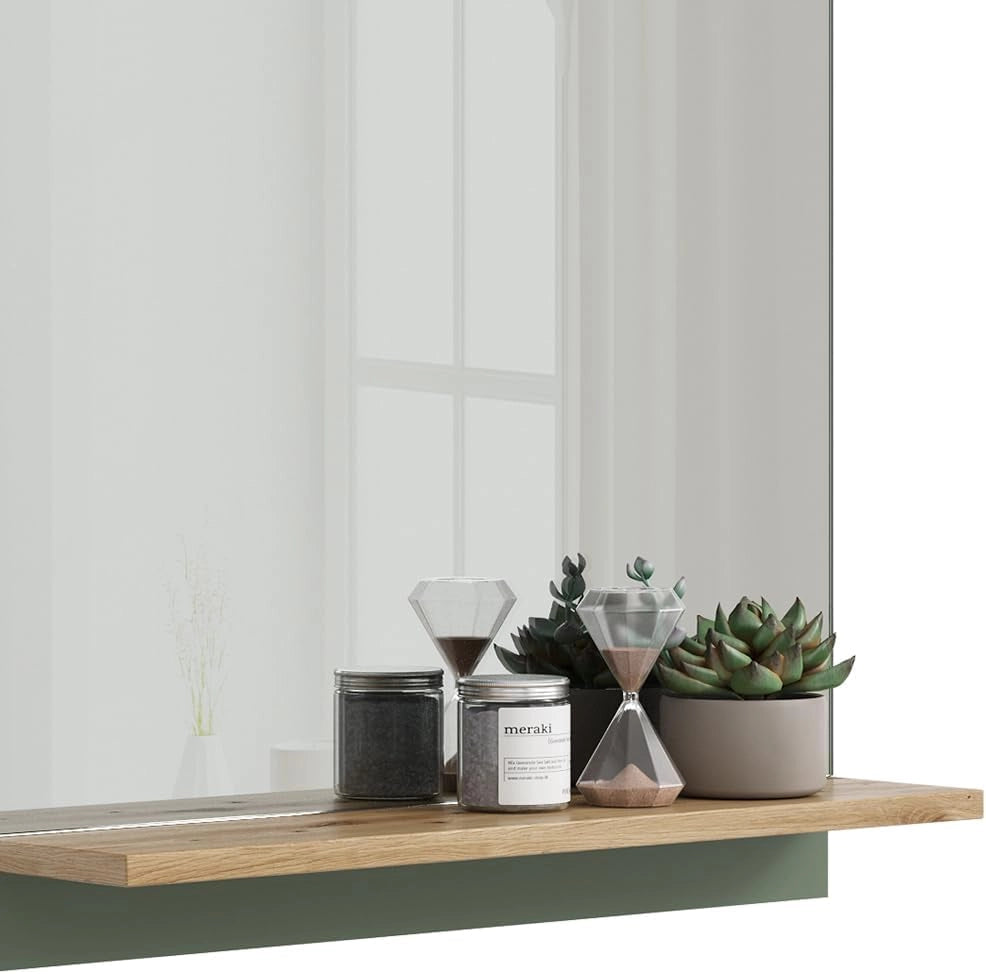 Specchio da bagno Marelle, Verde/Artigianale, 60 x 67 cm con ripiano, adatto per il montaggio a parete in ambienti umidi