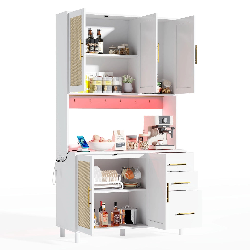 OKWISH Credenza da cucina con 3 cassetti, 3 ante, ripiani regolabili, LED, prese e USB, per Cucina e Sala da Pranzo