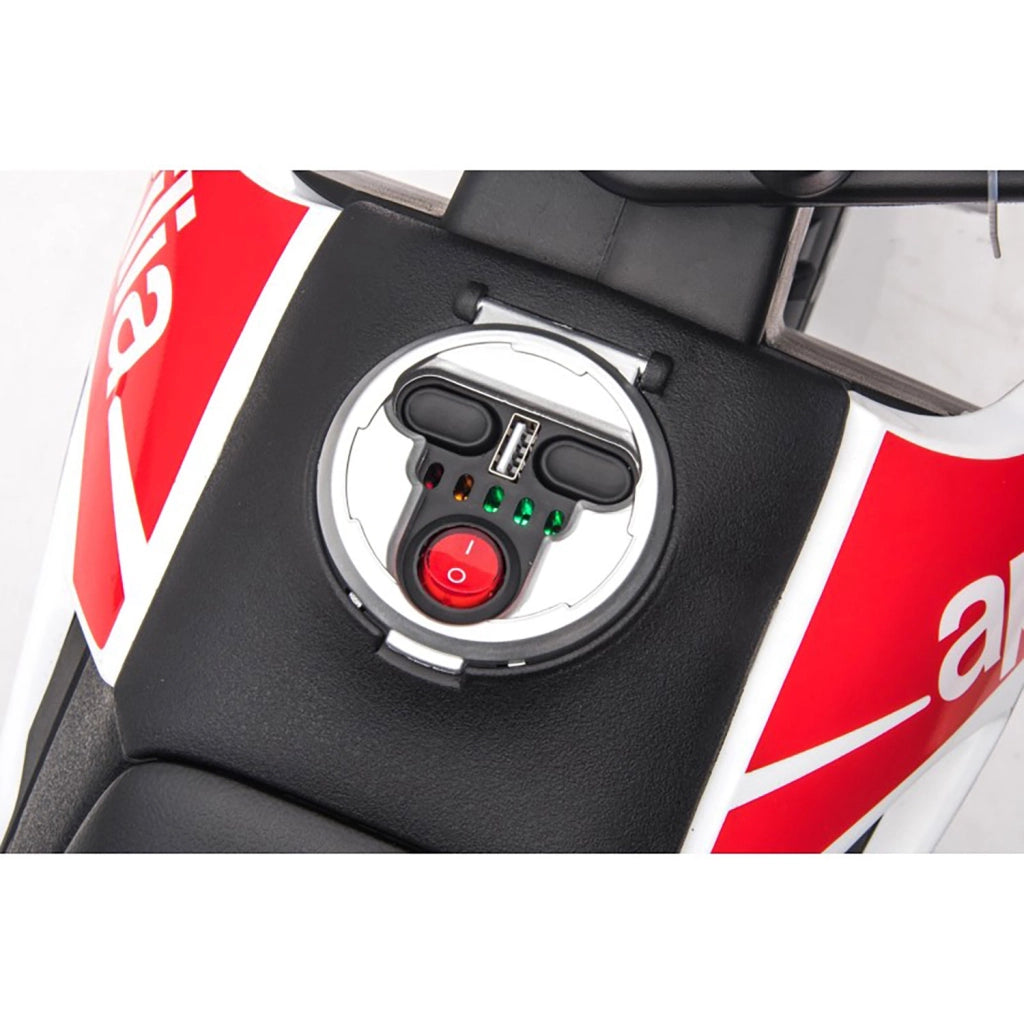 Moto Elettrica per Bambini Aprilia RX-125 Small 12V Cross Sedili In Pelle Luci Led Bluetooth Sospensioni a Molla Bianco