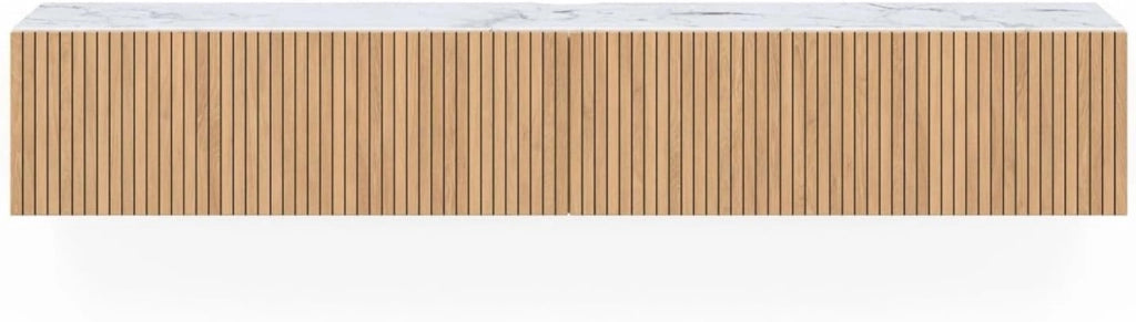 Mobile TV sospeso JULIETTE 180 cm con 2 ante, piano effetto marmo, doghe in legno color rovere