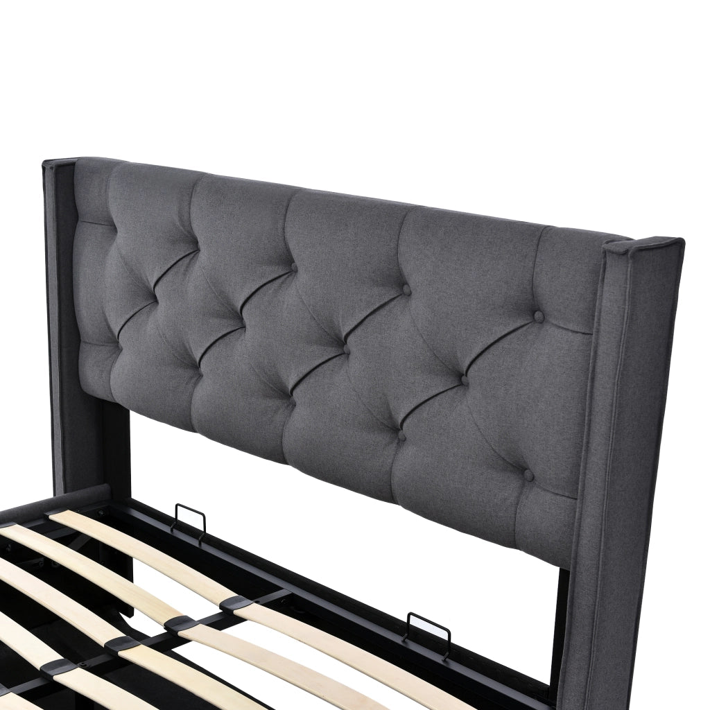 OKWISH Letto Contenitore 140×200 cm, Letto Matrimoniale con Testiera Imbottita e Vano Contenitore, senza Materasso, in Cotone, Grigio