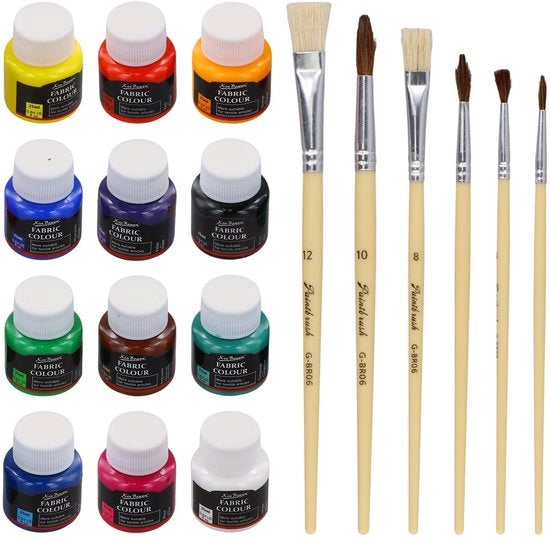 Set di vernici per tessuti, con 12 flaconi da 25 ml, resistenti al lavaggio, inclusi 6 pennelli, vernice non tossica per T-shirt, jeans e tutti i tessuti, colore per tessuti per adulti, principianti e artisti