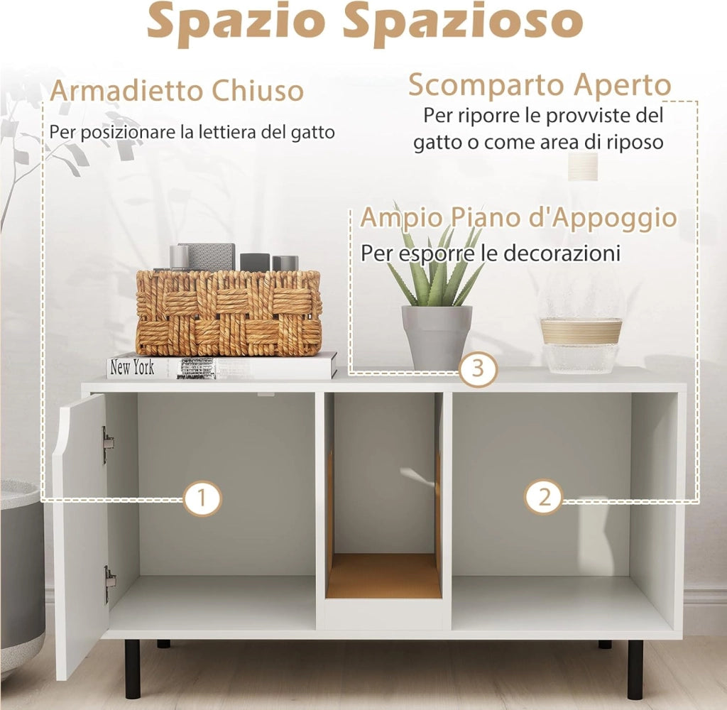 Lettiera Nascosto, Mobile Laterale in Legno con Ingresso a Forma di Testa di Gatto, Pannello Grattugia Rimovibile e Gambe in Metallo, Tavolino per Animali Domestici, Bianco, Portata di 120 kg