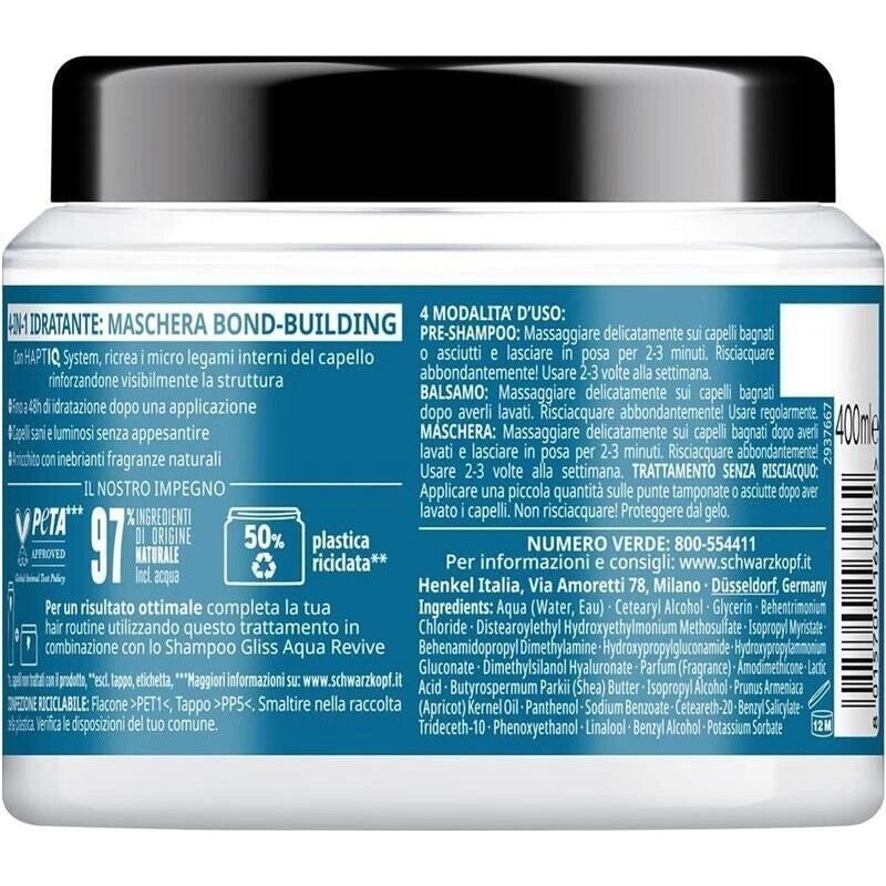 SCHWARZKOPF GLISS 4-IN-1 MASCHERAPER CAPELLI 400 ML AQUA REVIVE + COMPLESSO IALURONICO EFFETTO DA NORMALI A SECCHI